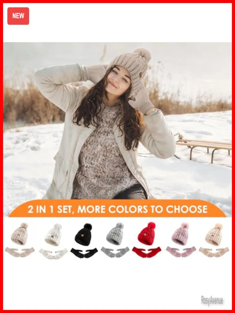 Winter Beanie Hat Gloves Set, Pom Pom Fleece Lined Hat Knit Touchscreen Gloves